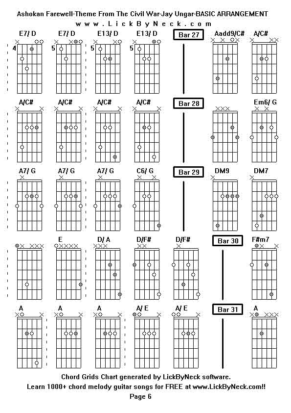 Chord Grids Chart of chord melody fingerstyle guitar song-Ashokan Farewell-Theme From The Civil War-Jay Ungar-BASIC ARRANGEMENT,generated by LickByNeck software.